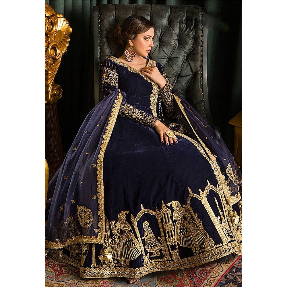 Navy blue velvet designer wedding gown
