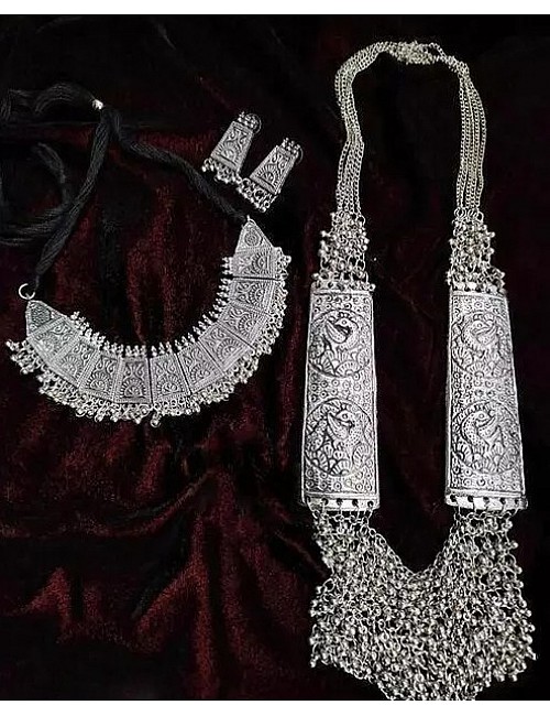 Oxidised alloy silver stylish necklace and earrings