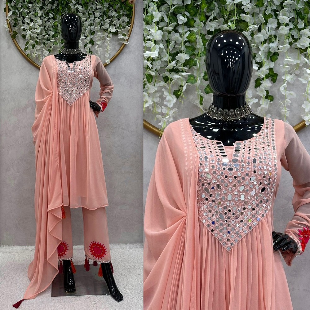 Peach georgette mirror work designer pant salwar suit