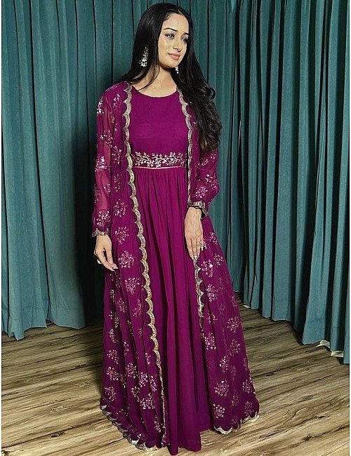 Pink georgette indowestern ceremonial gown with koti