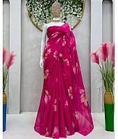 Pink organza floral print hot fix work saree