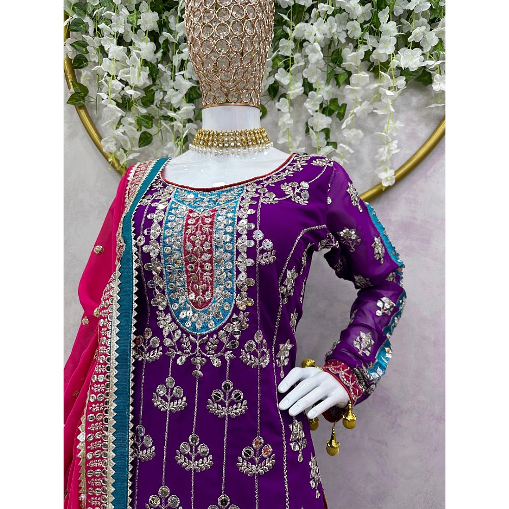 Purple heavy work designer wedding sharara suit