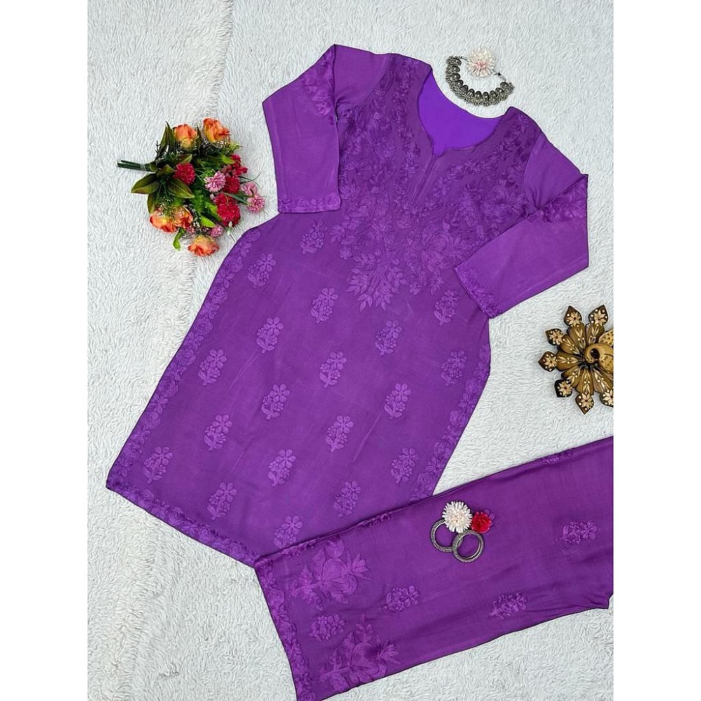 Purple rayon chain stitch work palazzo kurti