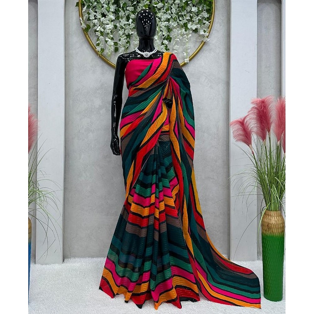 Rainbow strips printed designer party wear saree