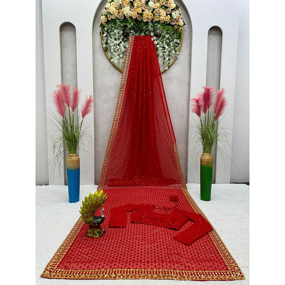 Red heavy work designer wedding saree