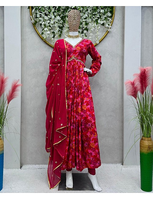 Red muslin floral printed alia cut suit