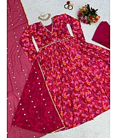 Red muslin floral printed alia cut suit