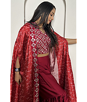 Red satin silk indowestern sharara suit with shrug