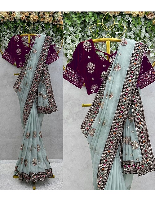 Sea green organza silk heavy work designer wedding saree