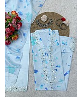 Sky blue crepe print and seqeunce work salwar suit