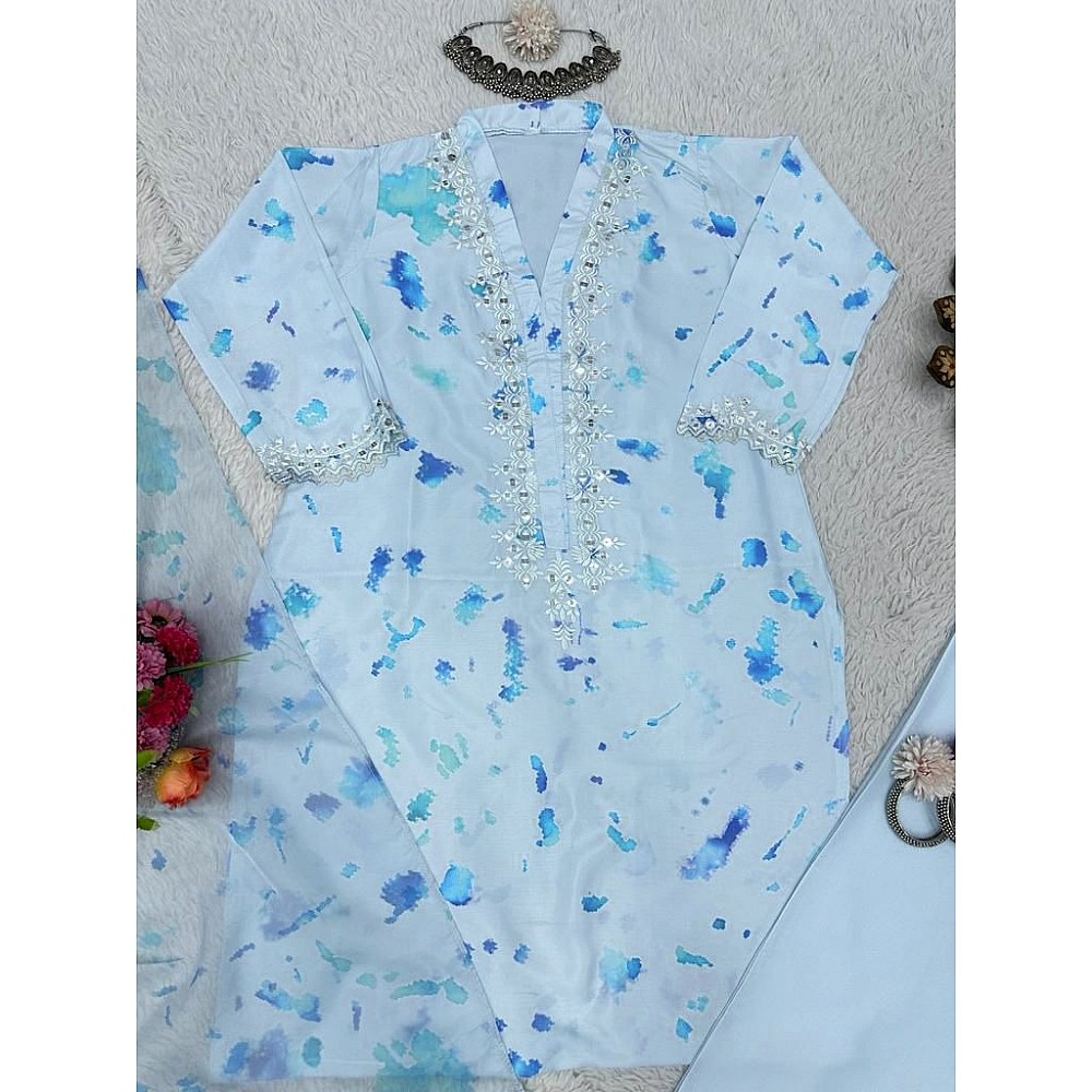 Sky blue crepe print and seqeunce work salwar suit