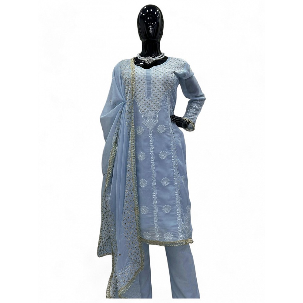 Sky blue designer organza salwar suit