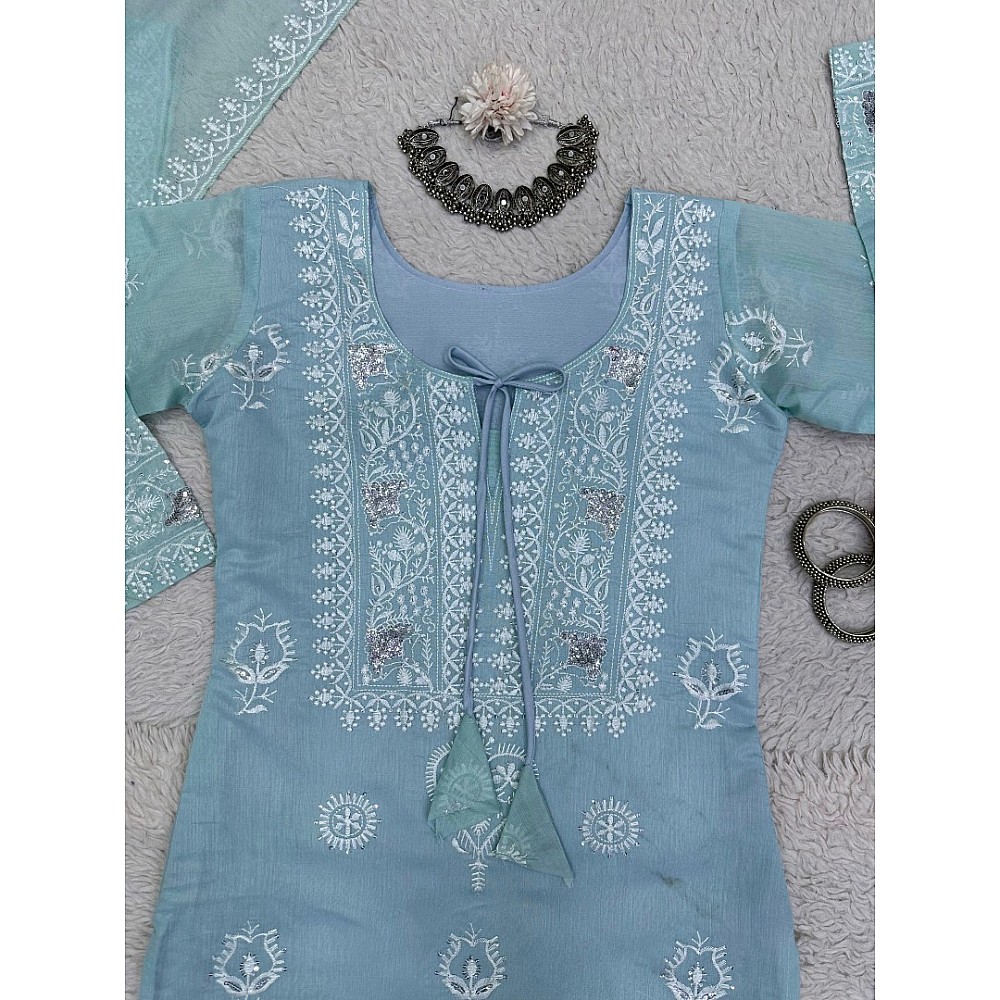 Sky blue organza plazzo suit for summer