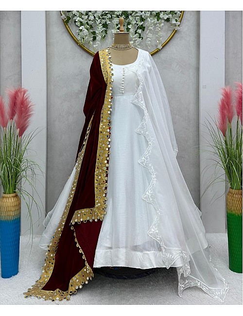 White chinon silk gown with velvet dupatta