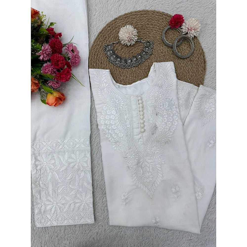 White muslin thread work pant suit