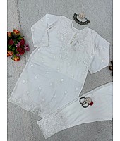 White muslin thread work pant suit