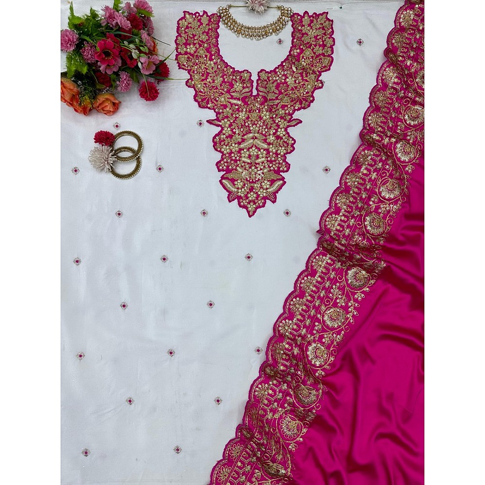 White silk unstitched wedding salwar suit