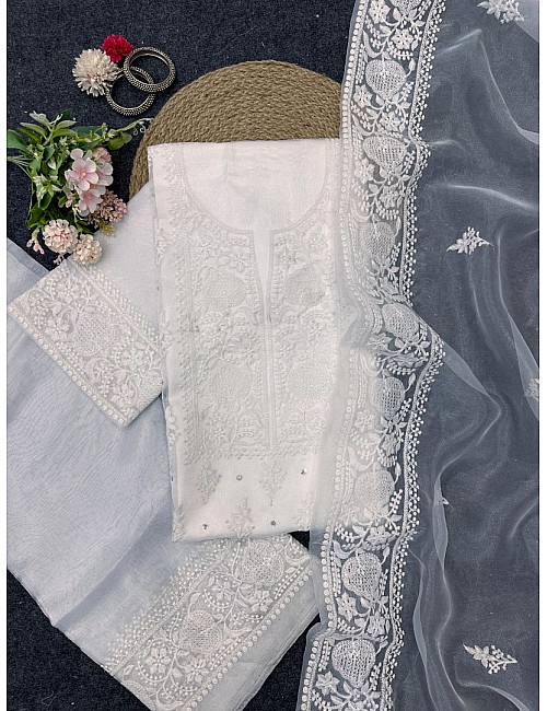 White thread work stylish unstitched organza salwar suit