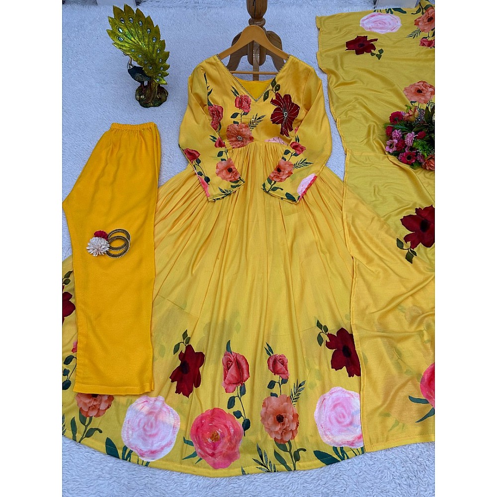 Yellow floral print alia cut suit