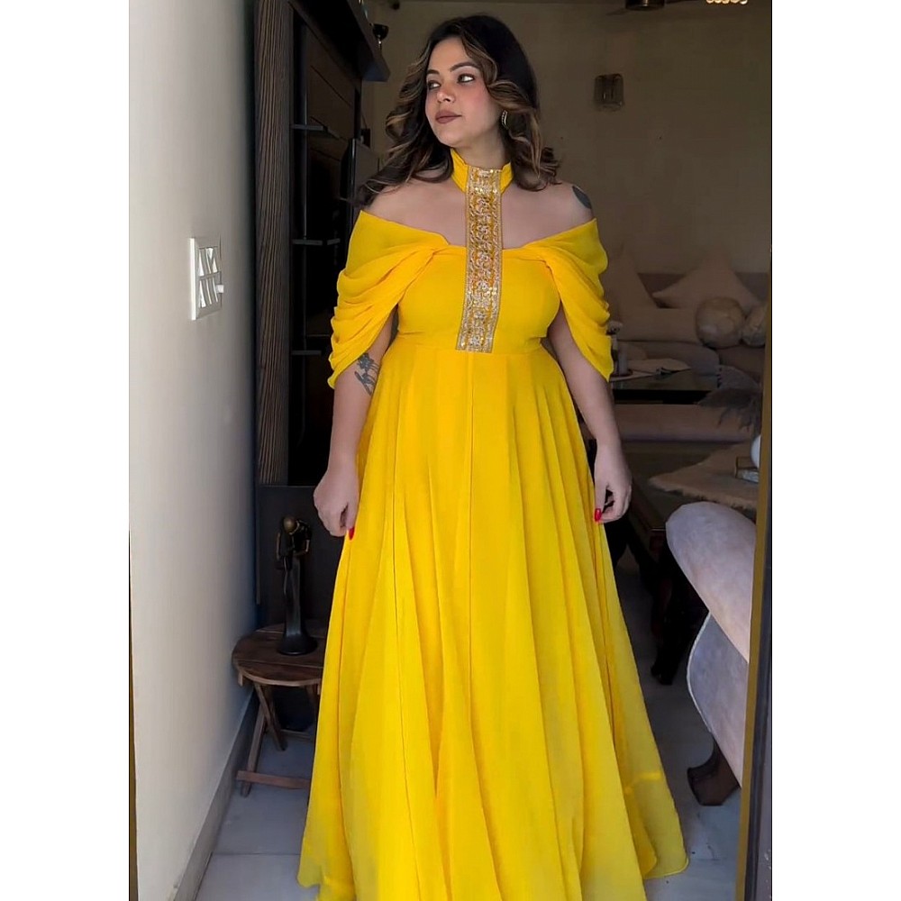 Yellow georgette designer gown for ceremony