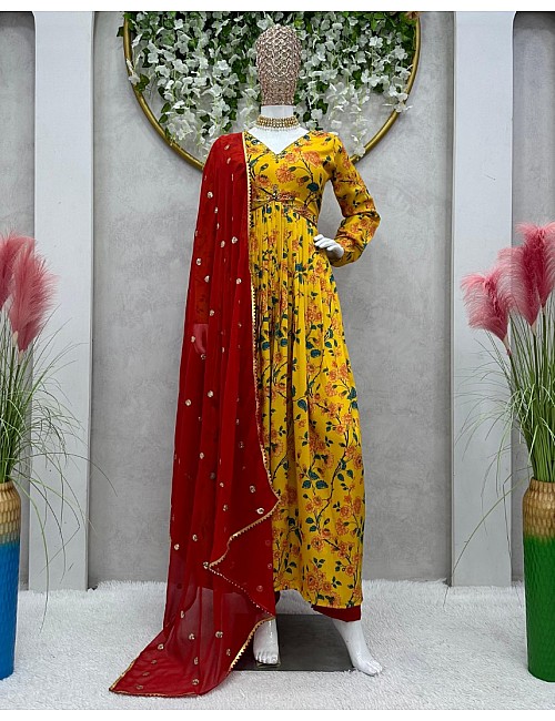 Yellow muslin floral print alia cut salwar suit