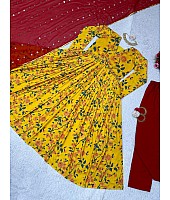 Yellow muslin floral print alia cut salwar suit