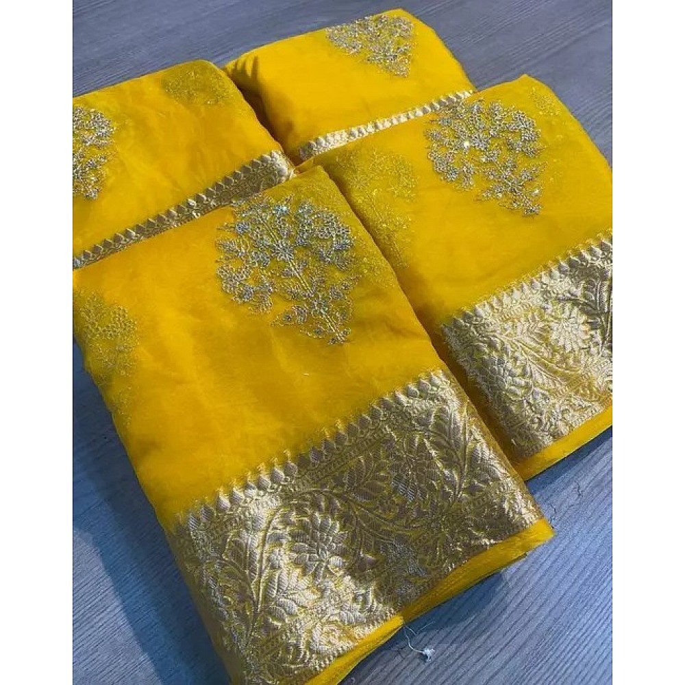 Yellow organza ceremonial saree