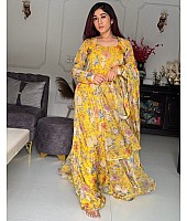 Yellow organza floral printed heavy flair anarkali gown