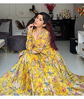 Yellow organza floral printed heavy flair anarkali gown