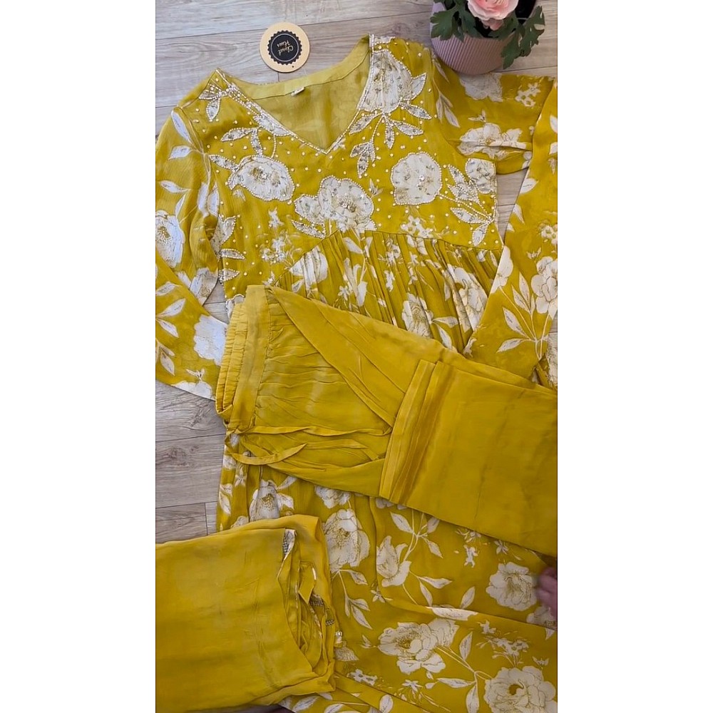 Yellow printed anarkali plazzo suit