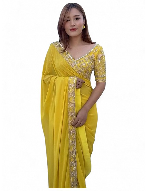 Yellow stylish ceremonial georgette saree