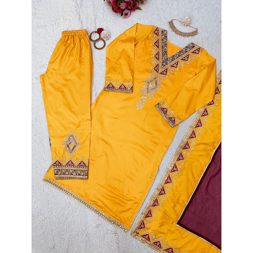 Yellow tafeta silk thread sequence work salwar suit