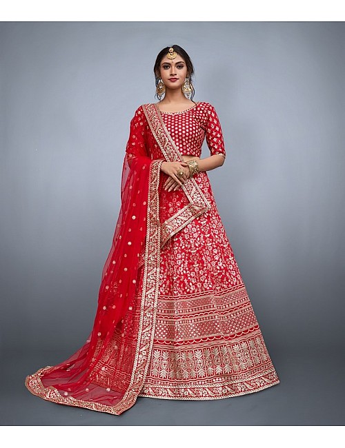 Red art silk heavy embroidered bridal lehenga