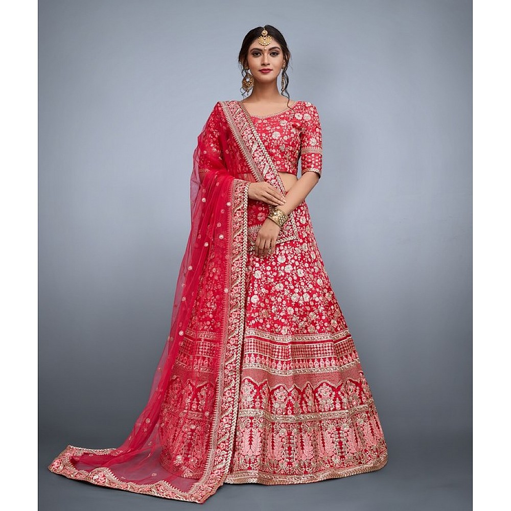 Red art silk heavy embroidered bridal lehenga choli