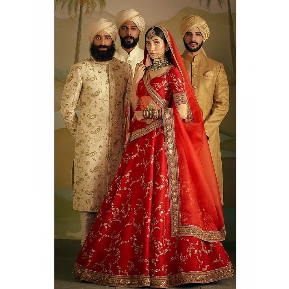 Red banarasi silk embroidered bridal lehenga