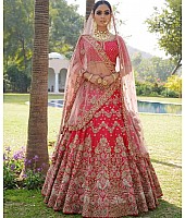 Red banarasi silk heavy embroidered bridal lehenga