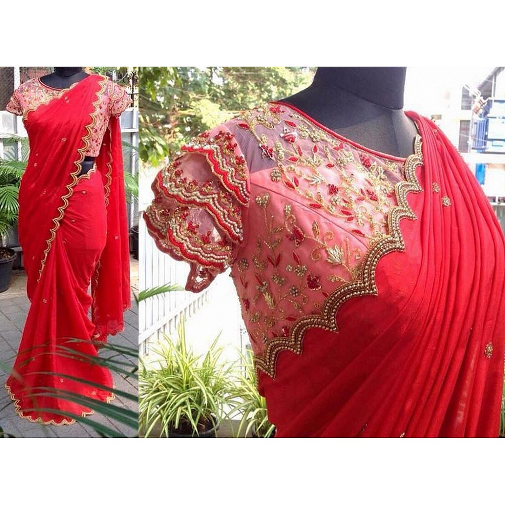 Red chiffon georgette embroidered partywear saree