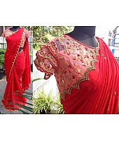 Red chiffon georgette embroidered partywear saree