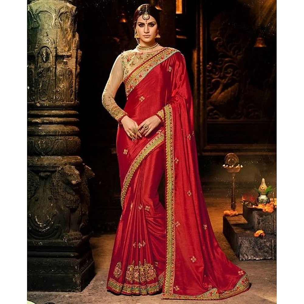 Red chinon silk embroidered wedding saree