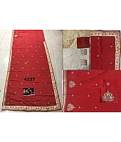 Red chinon silk embroidered wedding saree