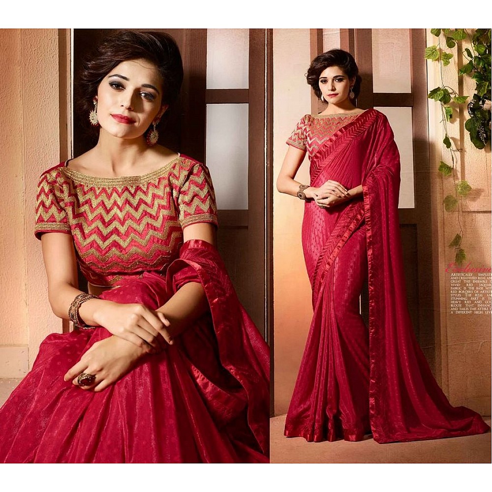 Red Colored Chinon Embroidered & Lace Bordered Saree Bordered