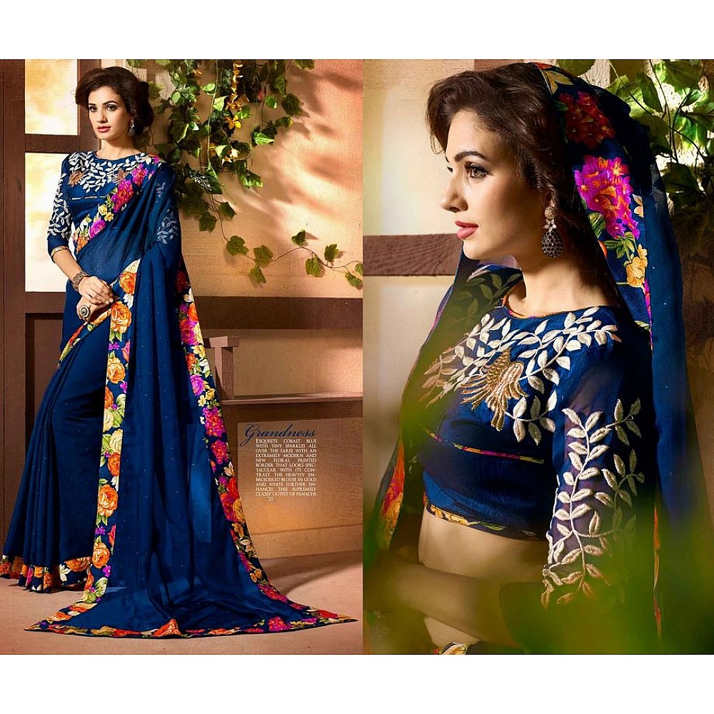 Royal Blue Colored Chinon Embroidered & Lace Bordered Saree Bordered