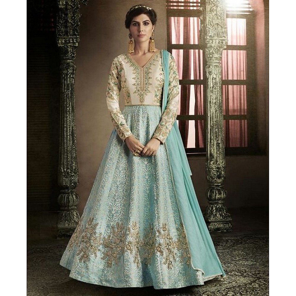 sky & Off white Colored Brocade & Silk Embroidered Semi Stitched Anarkali suit