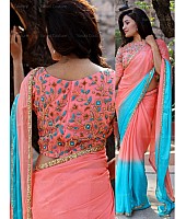Sky blue and pink colored georgette embroidered partywear saree