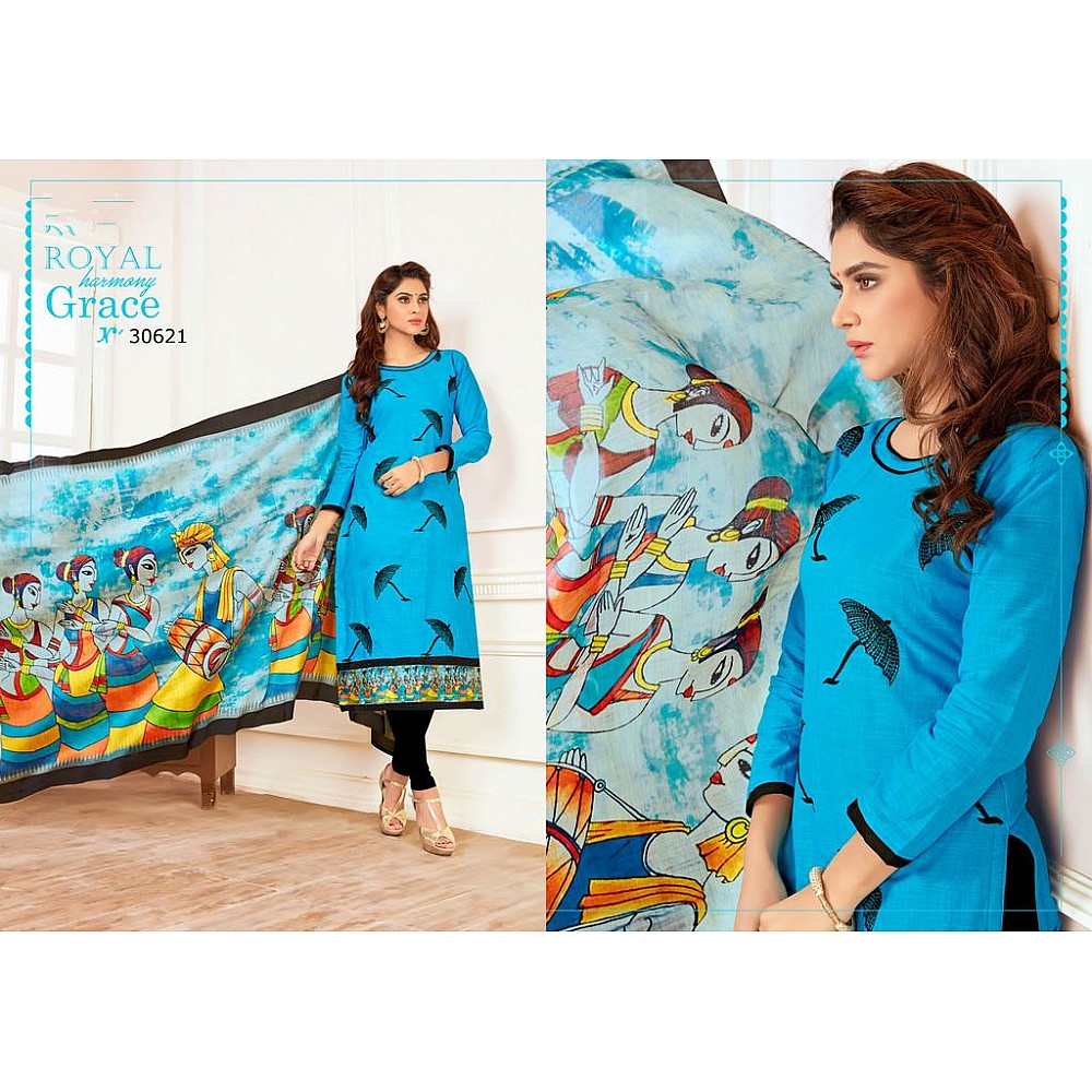 Sky Blue Colored Salab cotton Thread Work & Digital Printed Un-Stitched Dress Material