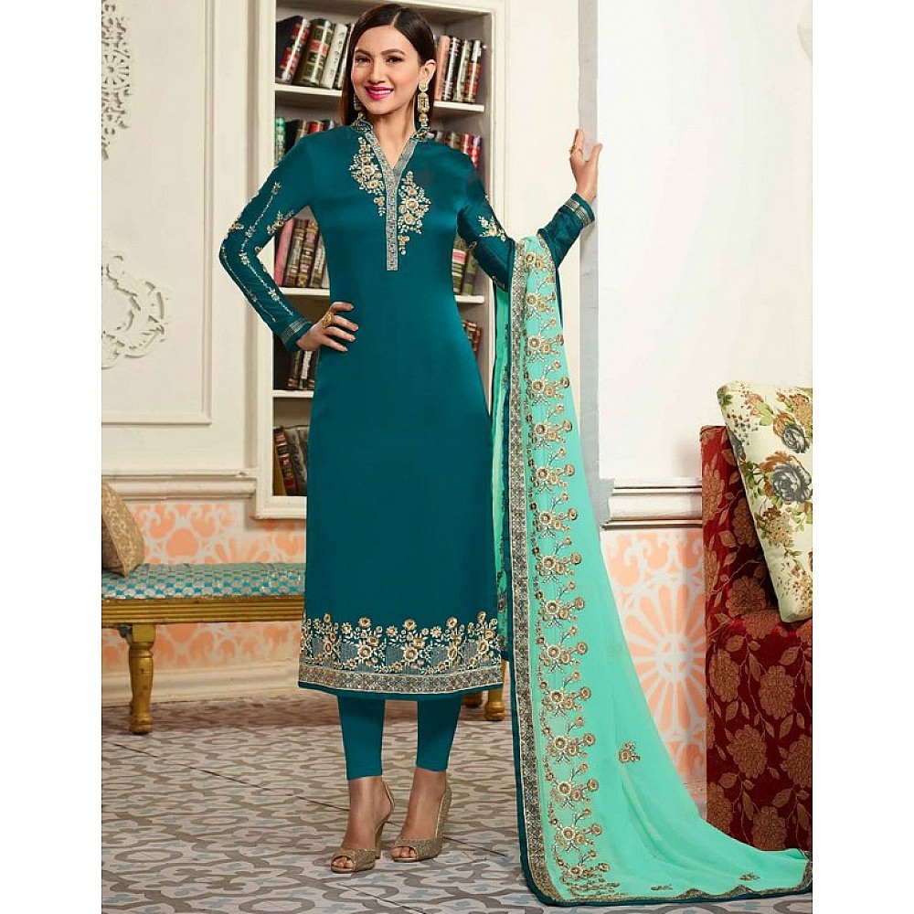 Teal Colored Georgette & Satin Digital Zari & Resham Embroidered Semi Stitched Salwar Suit