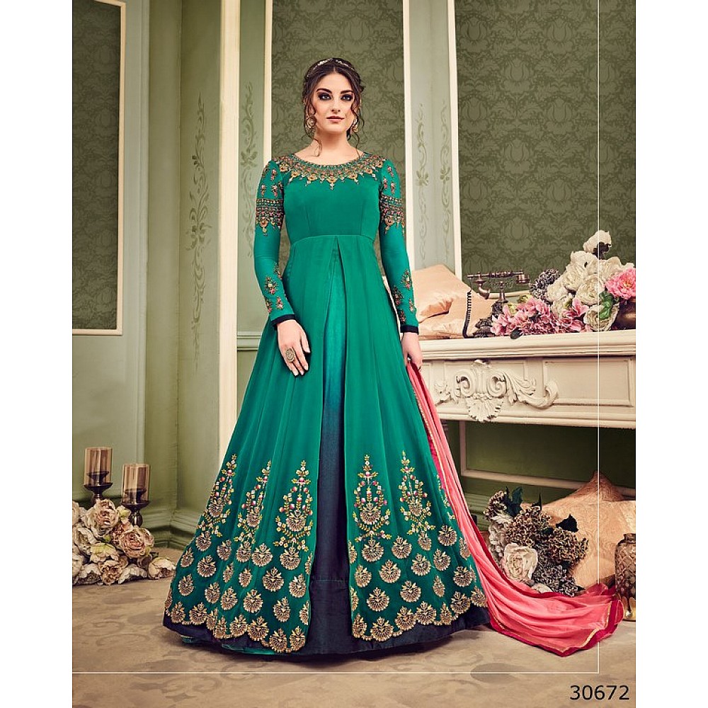 Teal Green & Navy Blue Colored Georgette Resham & Jari Embroidery With Stone Work Semi Stitched anarkali suit