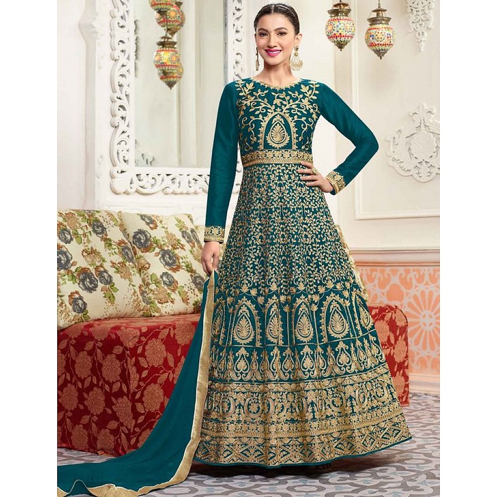 Teal Green Colored Mulburry Silk Digital Zari Embroidery and Moti Work Semi Stitched Gown