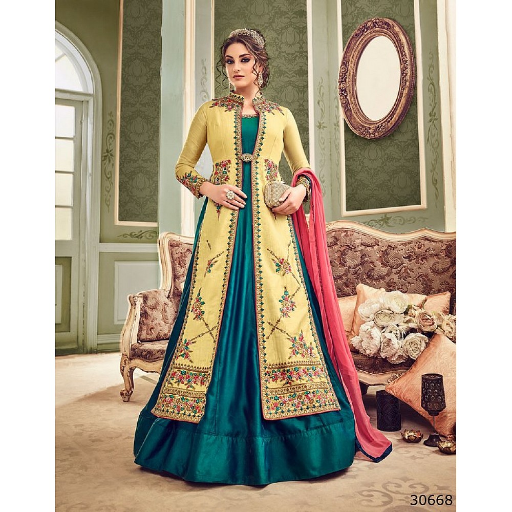Turquoise & Yellow Colored Art Silk Resham & Jari Embroidery With Stone Work Semi Stitched anarkali suit