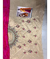 wedding wear yellow and pink half half embroidered saree